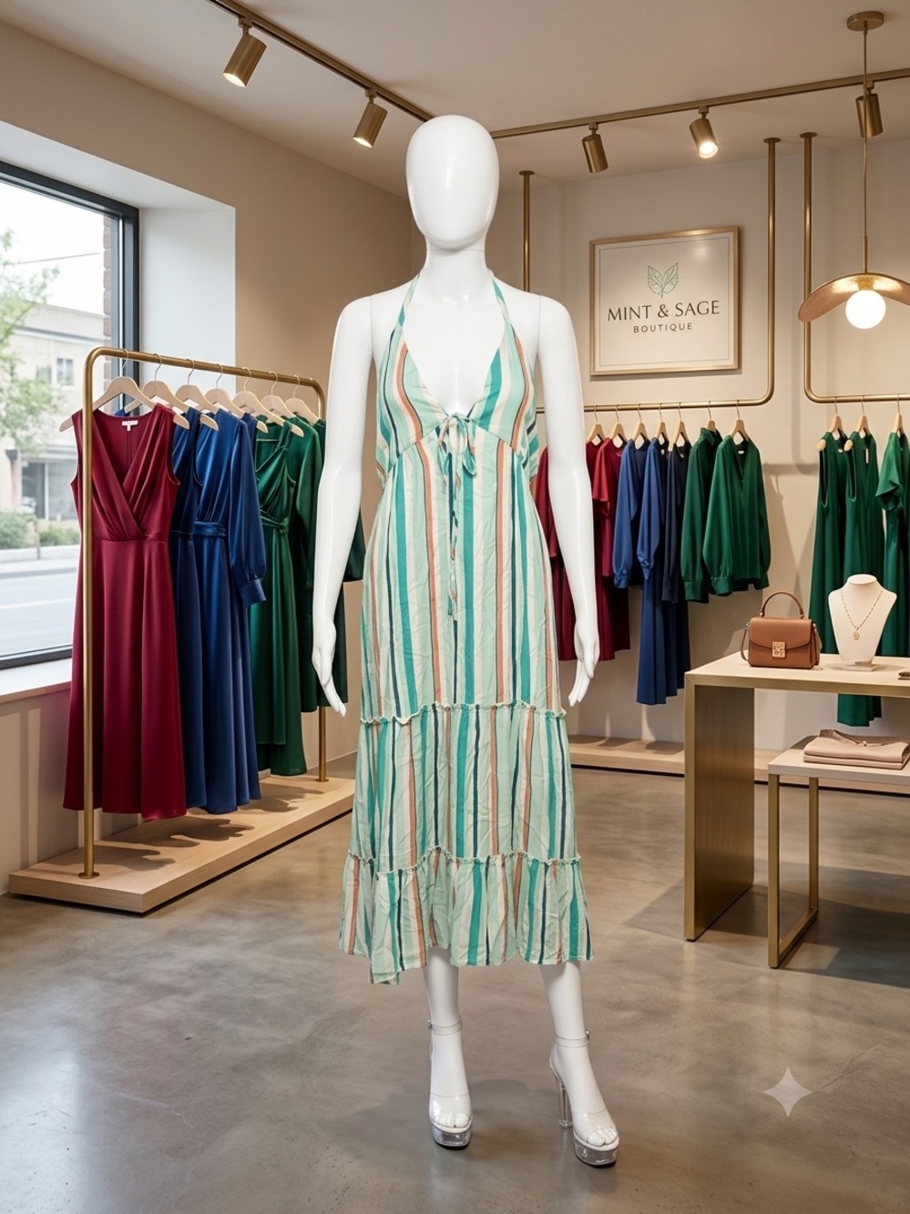 Cupshe Mint Green Striped Halter Maxi Dress